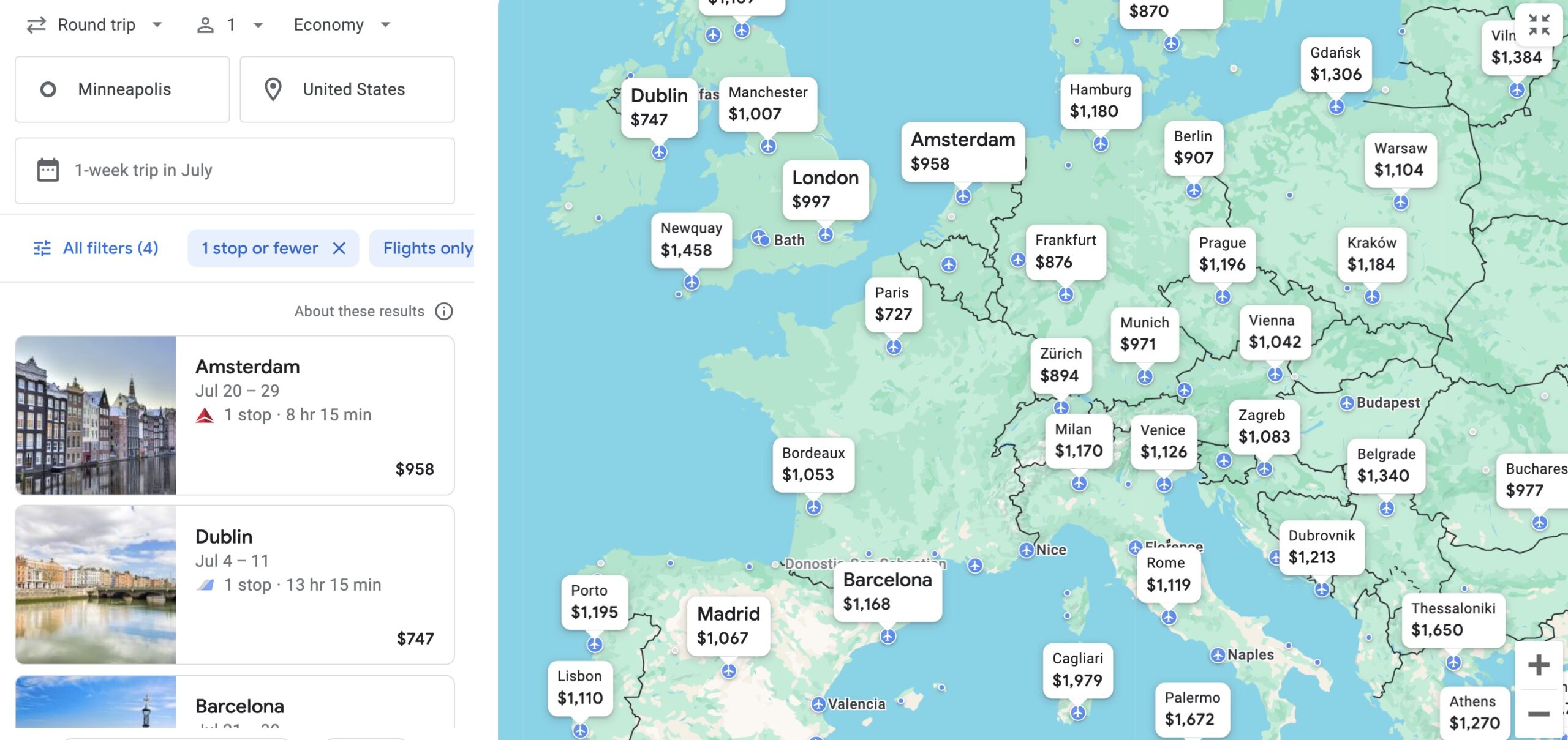 Minneapolis to Europe explore search